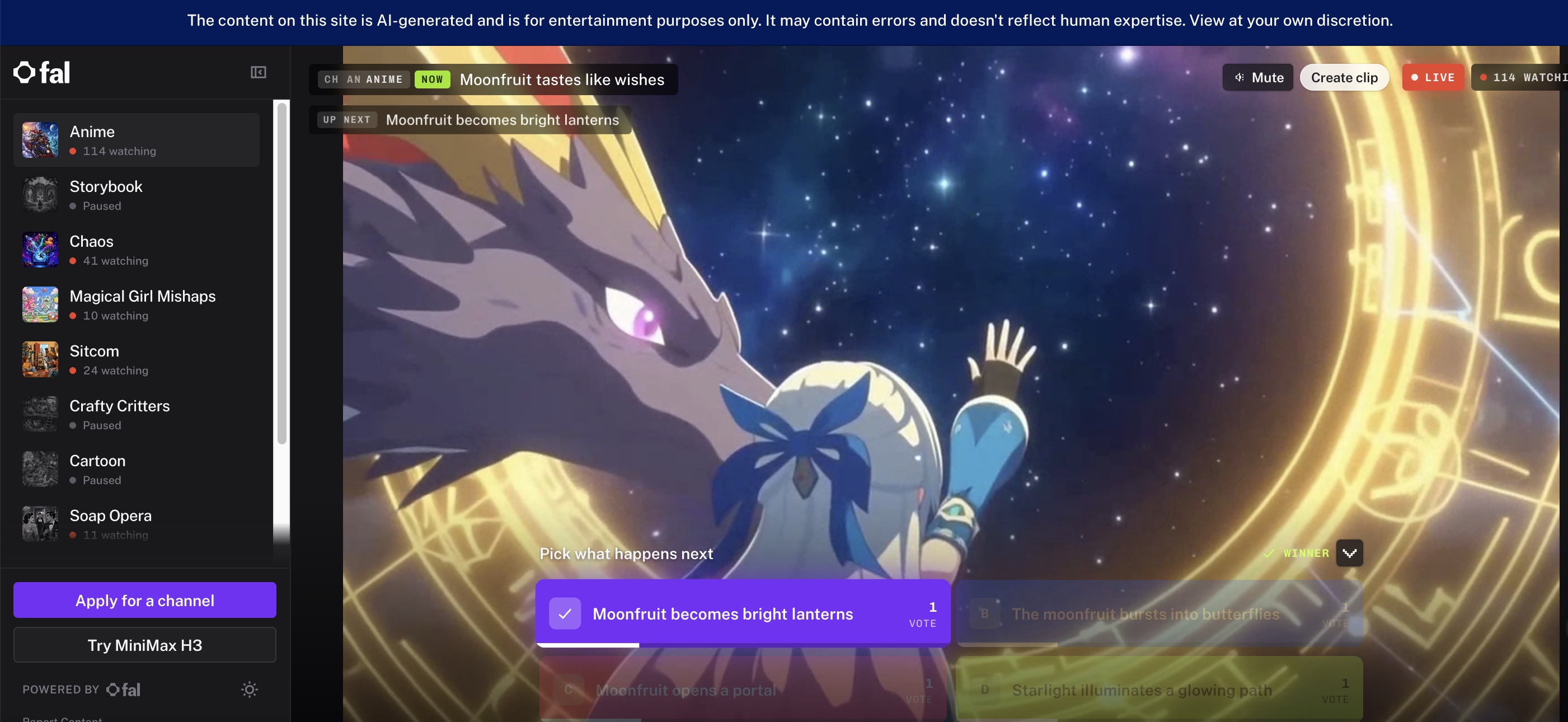 fal.live Anime live AI channel preview