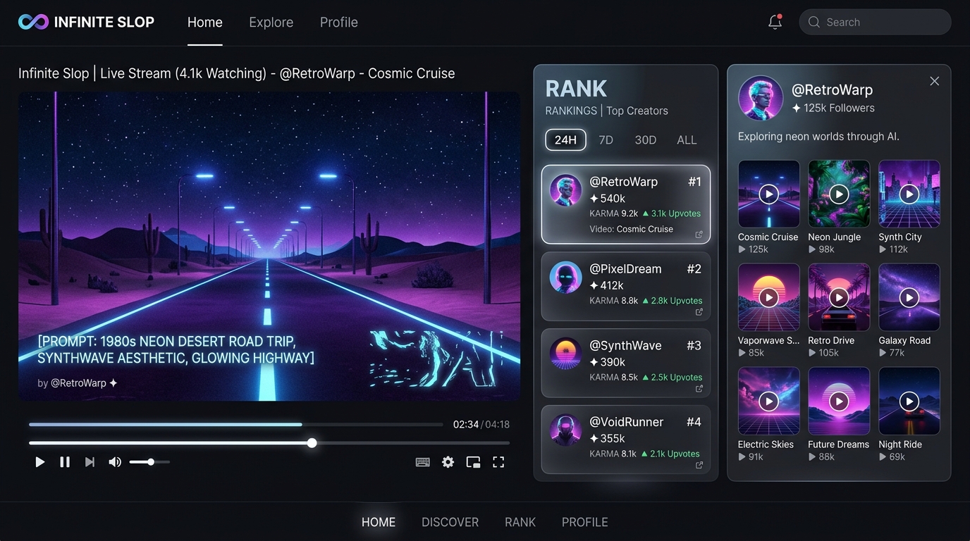 Infinite Slop Rank Mode: Multi-timeframe upvote leaderboard, creator profile drawer, and highlight video playback showcase.